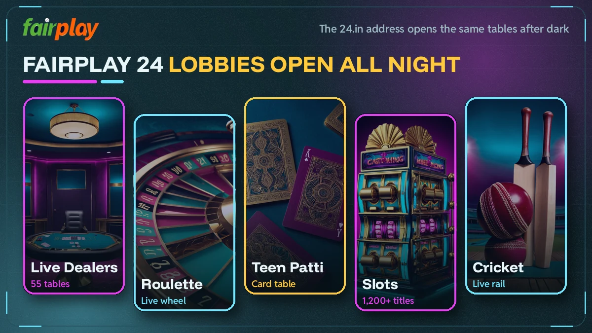 Grid of game lobbies and live tables that stay open on the FairPlay 24 night address