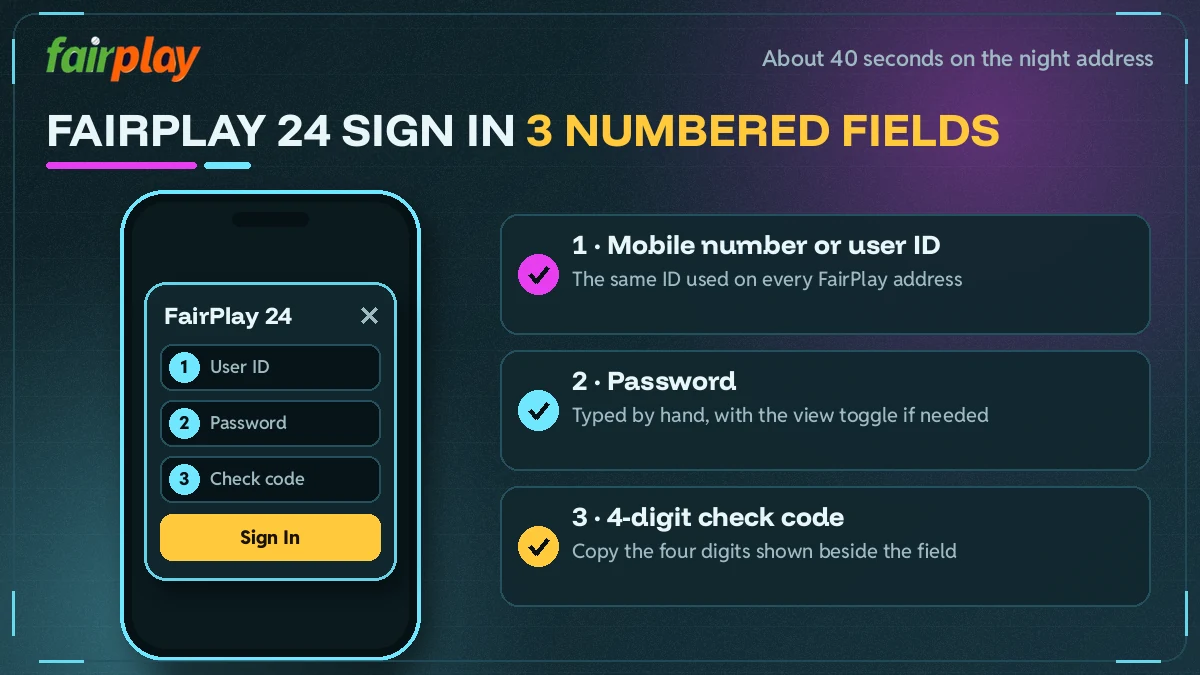 Three numbered fields showing how a FairPlay 24 sign in is completed on 24.in