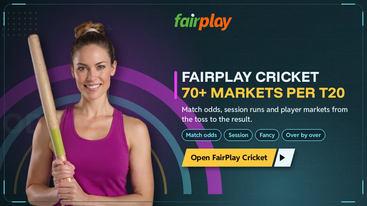 Batter in a plain training top pointing at the FairPlay Cricket board with 70+ markets on a T20