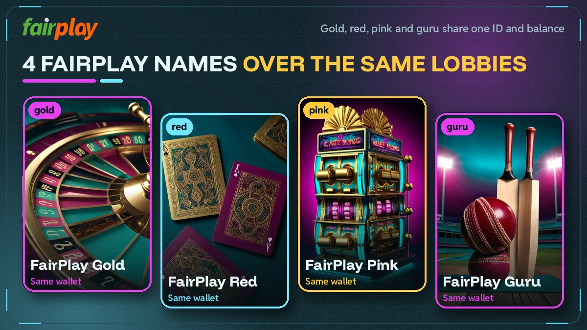 Grid of the four FairPlay name addresses with the same lobby tiles shown under every name