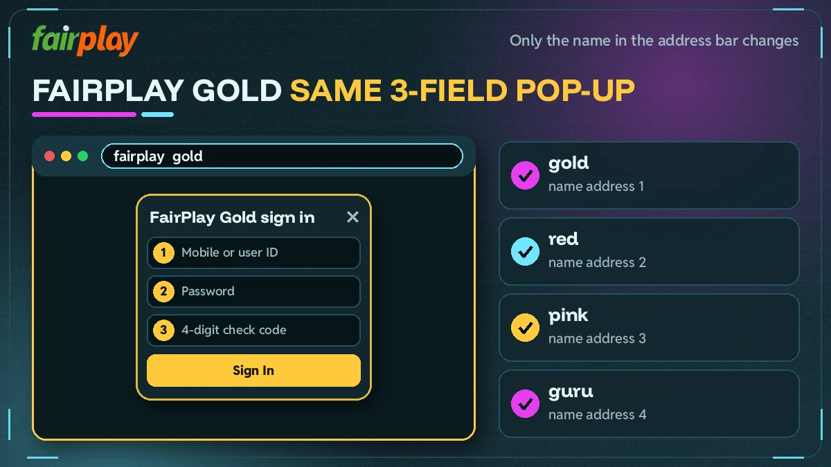 Three-field FairPlay Gold sign-in pop-up with the name in the address bar pointed out