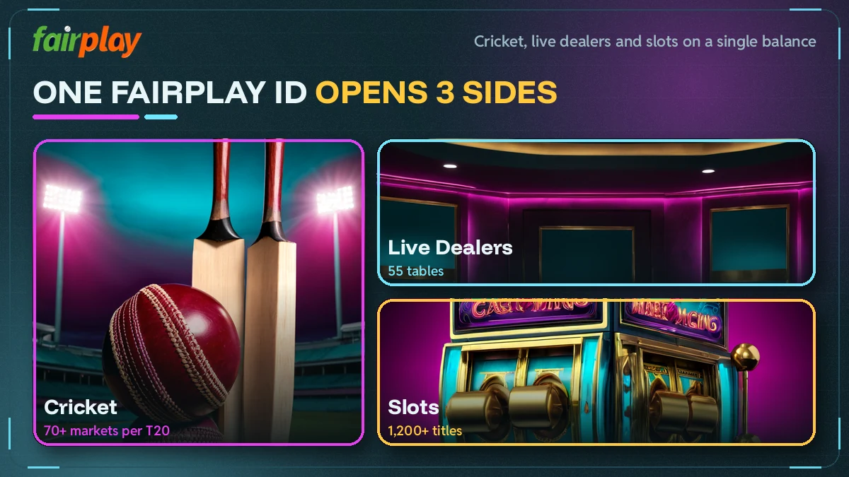 Grid of cricket, live dealer and slot lobbies that one FairPlay ID opens after sign in