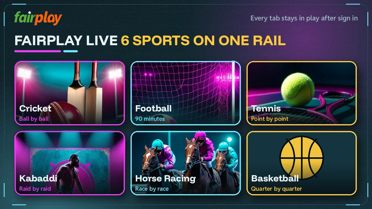 Six FairPlay Live sport tiles for cricket, football, tennis, kabaddi, racing and basketball in rail order