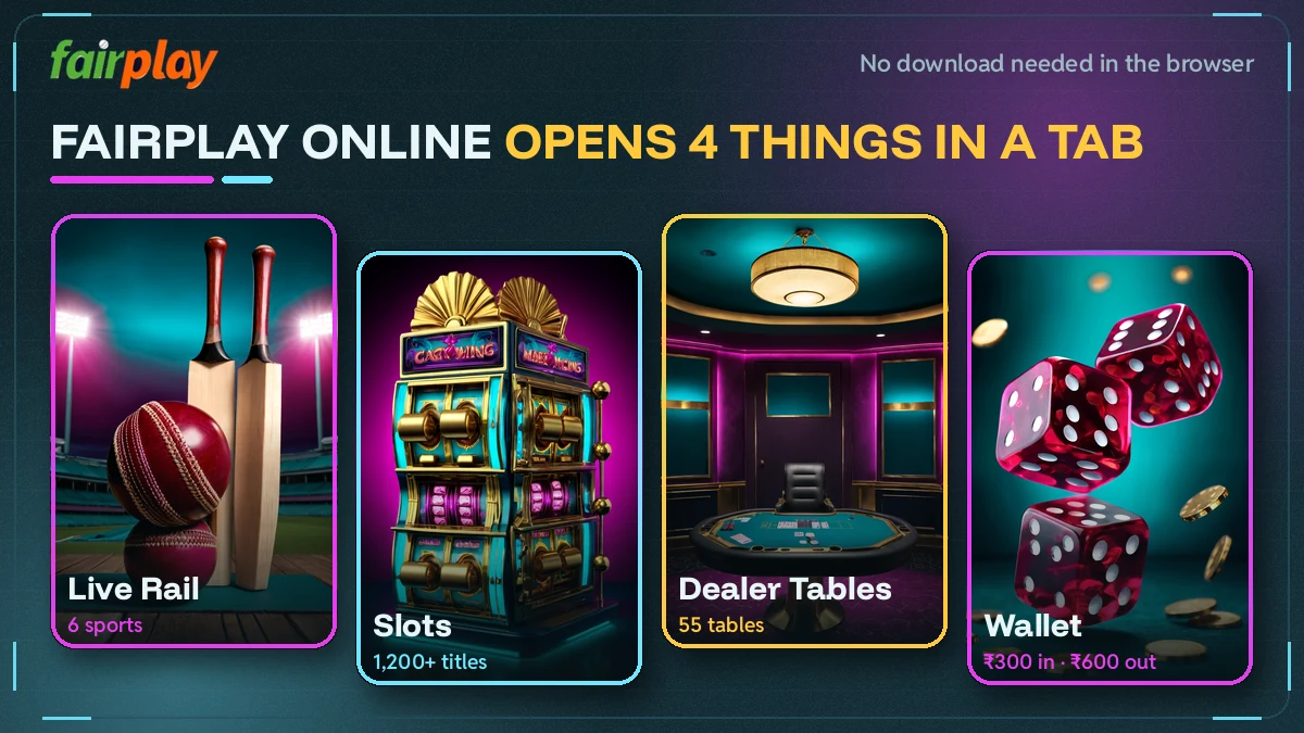 Grid of what FairPlay Online opens in a browser: live rail, slots, dealer tables and wallet