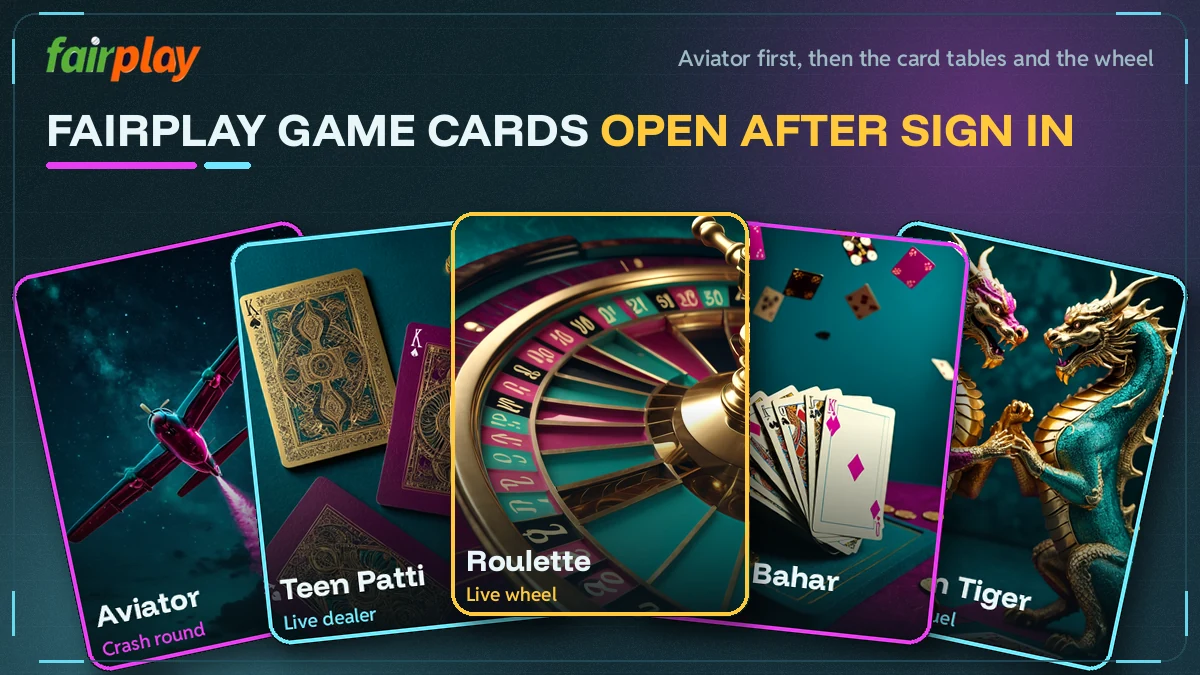Grid of FairPlay game cards including Aviator, Teen Patti and roulette tables