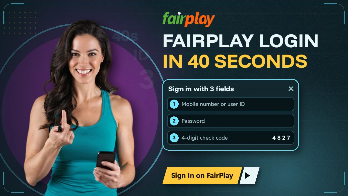 Player holding a phone beside the FairPlay three-field log in pop-up banner