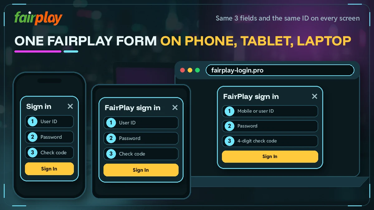 FairPlay sign in form displayed on a phone, a tablet and a laptop side by side
