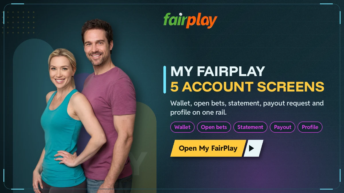 My FairPlay account rail banner showing wallet, statement and payout screens beside a host
